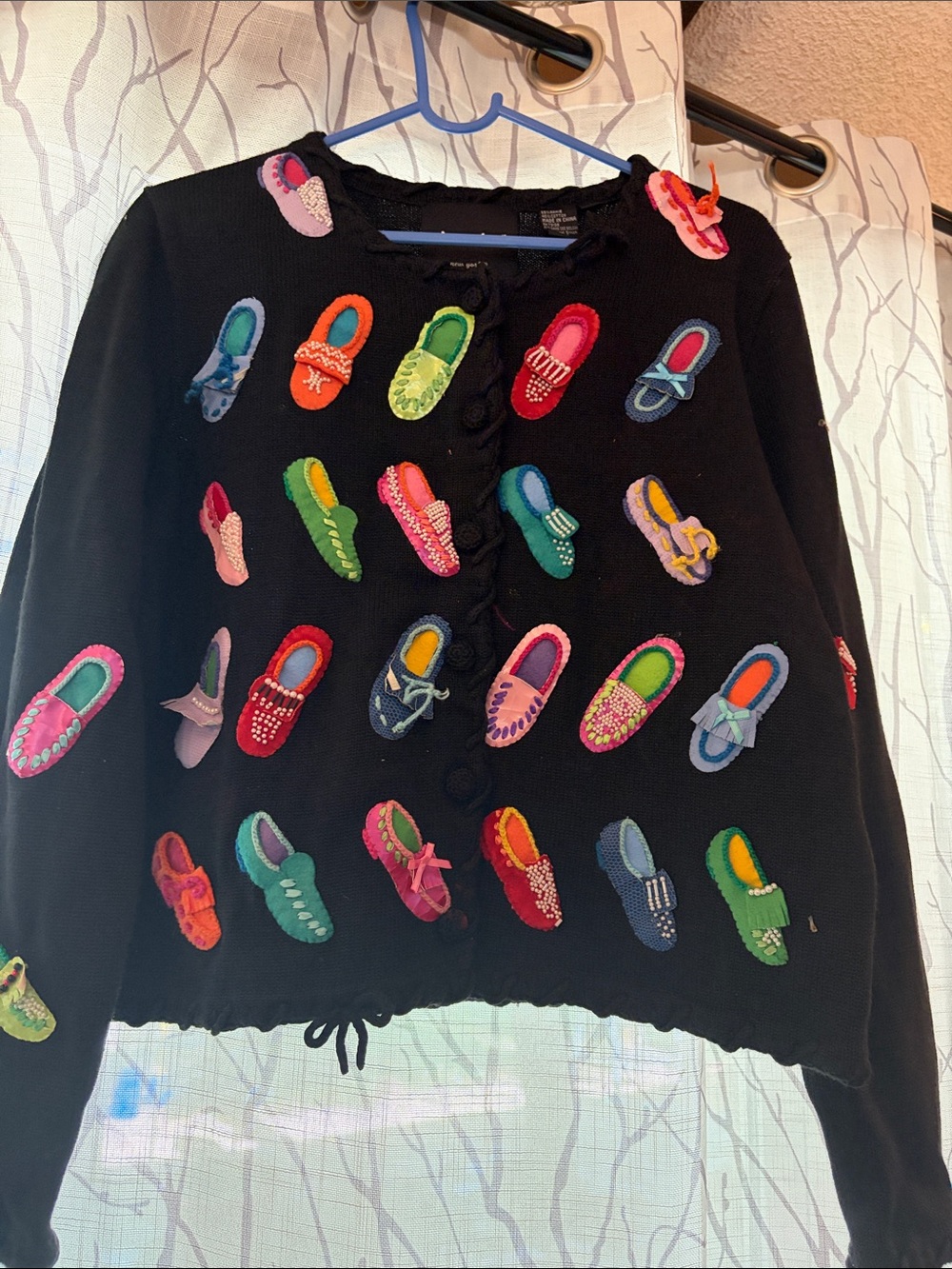 Michael Simon Vintage Black Embroidered Shoe Motif Cardigan Sweater